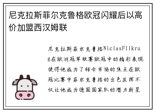 尼克拉斯菲尔克鲁格欧冠闪耀后以高价加盟西汉姆联