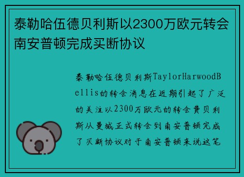 泰勒哈伍德贝利斯以2300万欧元转会南安普顿完成买断协议 泰勒哈伍德贝利斯以2300万欧元转会南安普顿完成买断协议